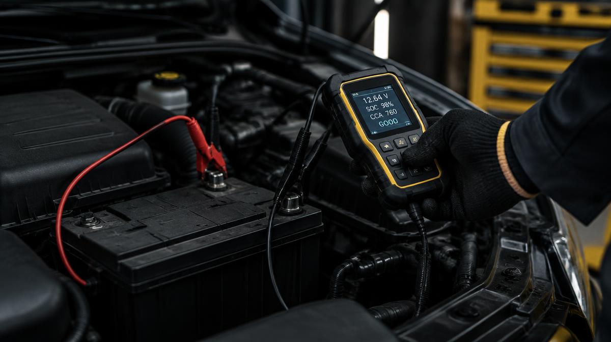 Batterietester an einer Autobatterie im Motorraum